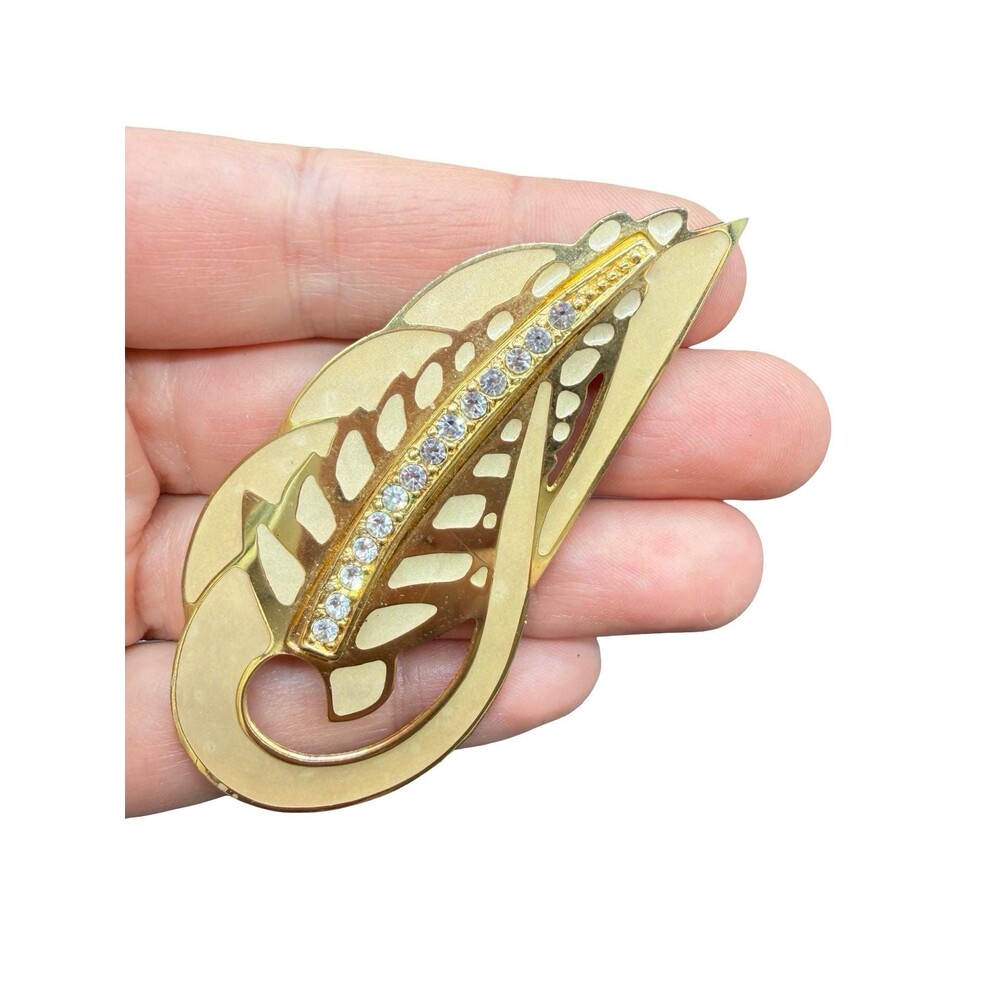 Vintage Brooch EDGAR BEREBI Champagne ENAMEL Gold Tone Rhinestone Leaf Pin